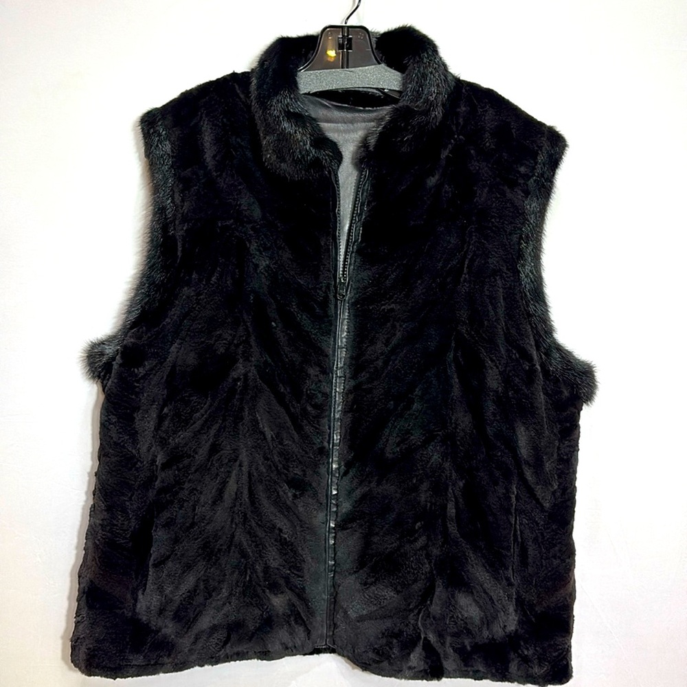Brisa Collection Black Mink and Italian Leather Vest Reversible Zipper Closure